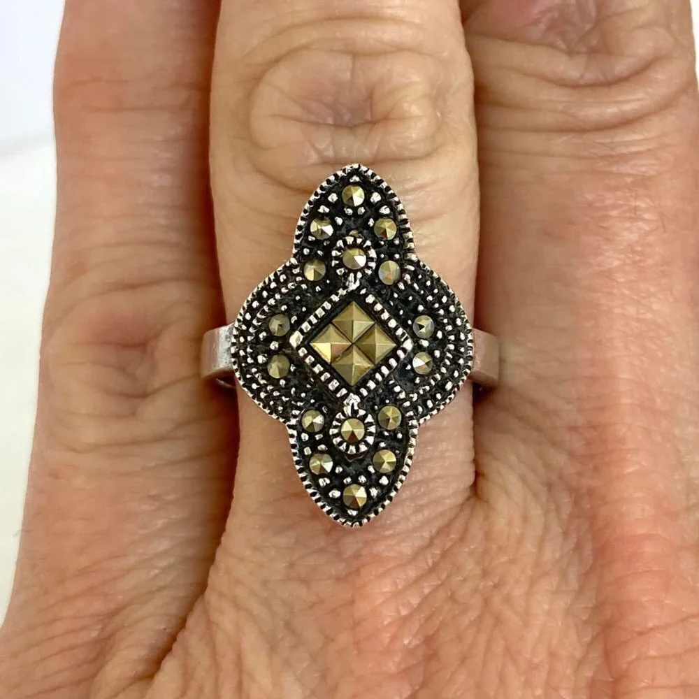 VTG Sterling Silver 925 Oxidized Art Deco Style Marcasite Band Ring Sz 6.75